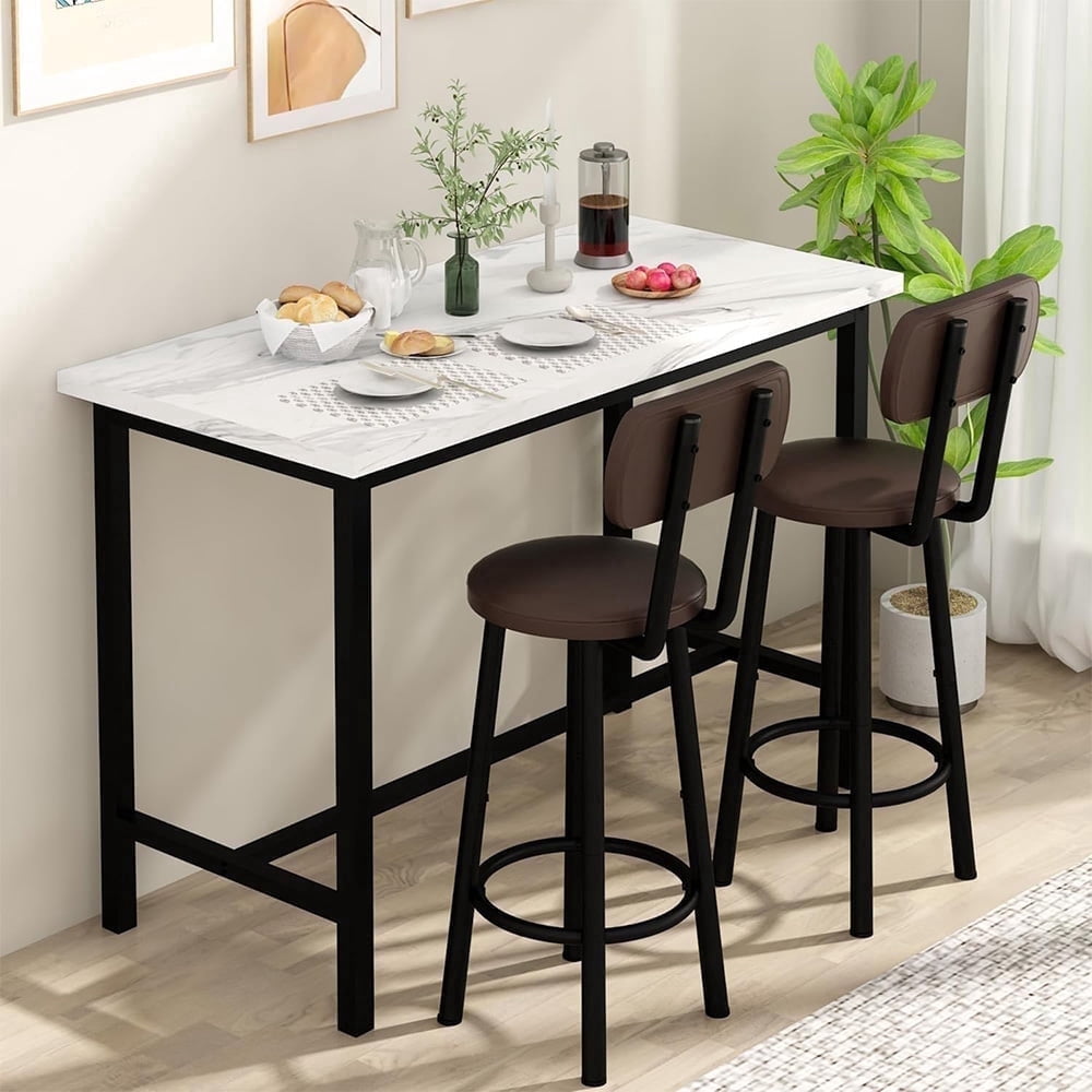 LinkRomat Dining Table Set for 2, Farmhouse Rectangle Kitchen Table with 2 PU Leather Upholstered Stools, Dinette Set for Small Space for Dining Room