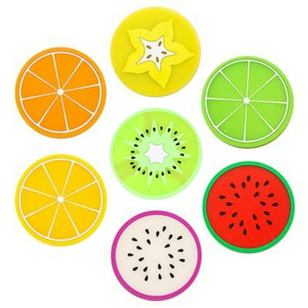 

7pcs Drink Coaster Set Durable Cup Mat Soft Silicone Round Fruit Designr Set