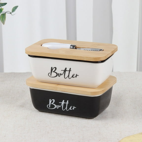 Rectangular Ceramic Butter Dish with Multifunctional Spreader Knife | Western Style Ceramic Storage Container | Non-Slip | 500ml | Black White | 1 Piece