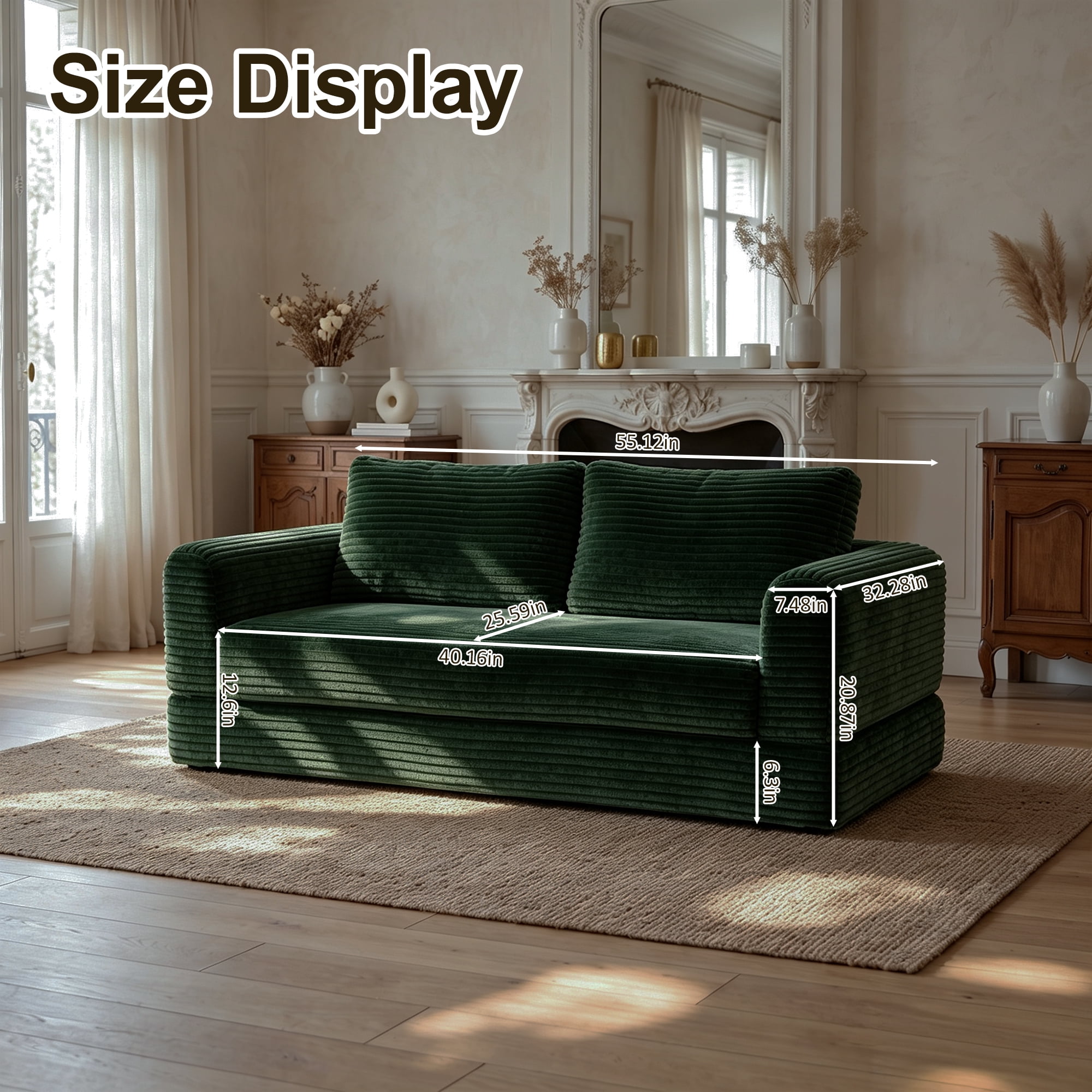 55" Convertible Futon Sofa Bed,Folding Boneless Couch with Sleeper Sofa,Fold Out Floor Sofa with Deep Seat,Cloud Corduroy Foldable Mattress Couch for Living Room,Green