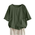 thumbnail image 2 of Women's Linen Shirt Boho Style 3/4 Sleeve Round Neck Pleated Summer Blouse - Loose Casual Top | Yubnlvae (Green | M), 2 of 9