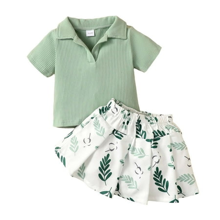 

Kucnuzki Infant Baby Girl Clothes 18 Months Summer Skirt Sets 24 Months Short Sleeves Solid Color V-Ncek Polo Top Elastic Floral Skirt 2PC Sets Green