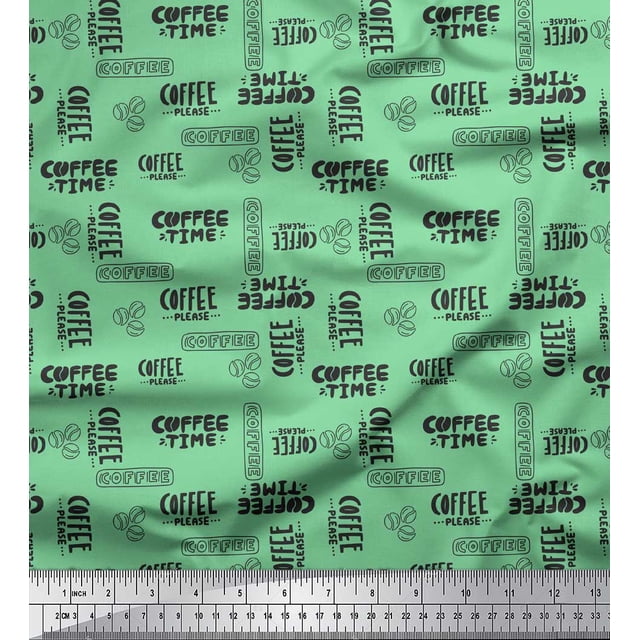 Soimoi Green Cotton Poplin Fabric Coffee Time Text Decor Fabric Printed Yard 42 Inch Wide