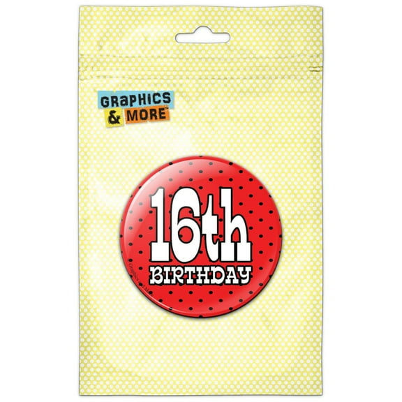 16th Sixteenth Birthday Red Black Polka Dots Pinback Button Pin Badge