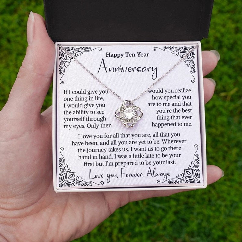 10th Wedding Anniversary Wife Tin Anniversary Gift Tenth Anniversary Gift 10 Year Anniversary Her Ten Year Love Message, White Love Knot Necklace