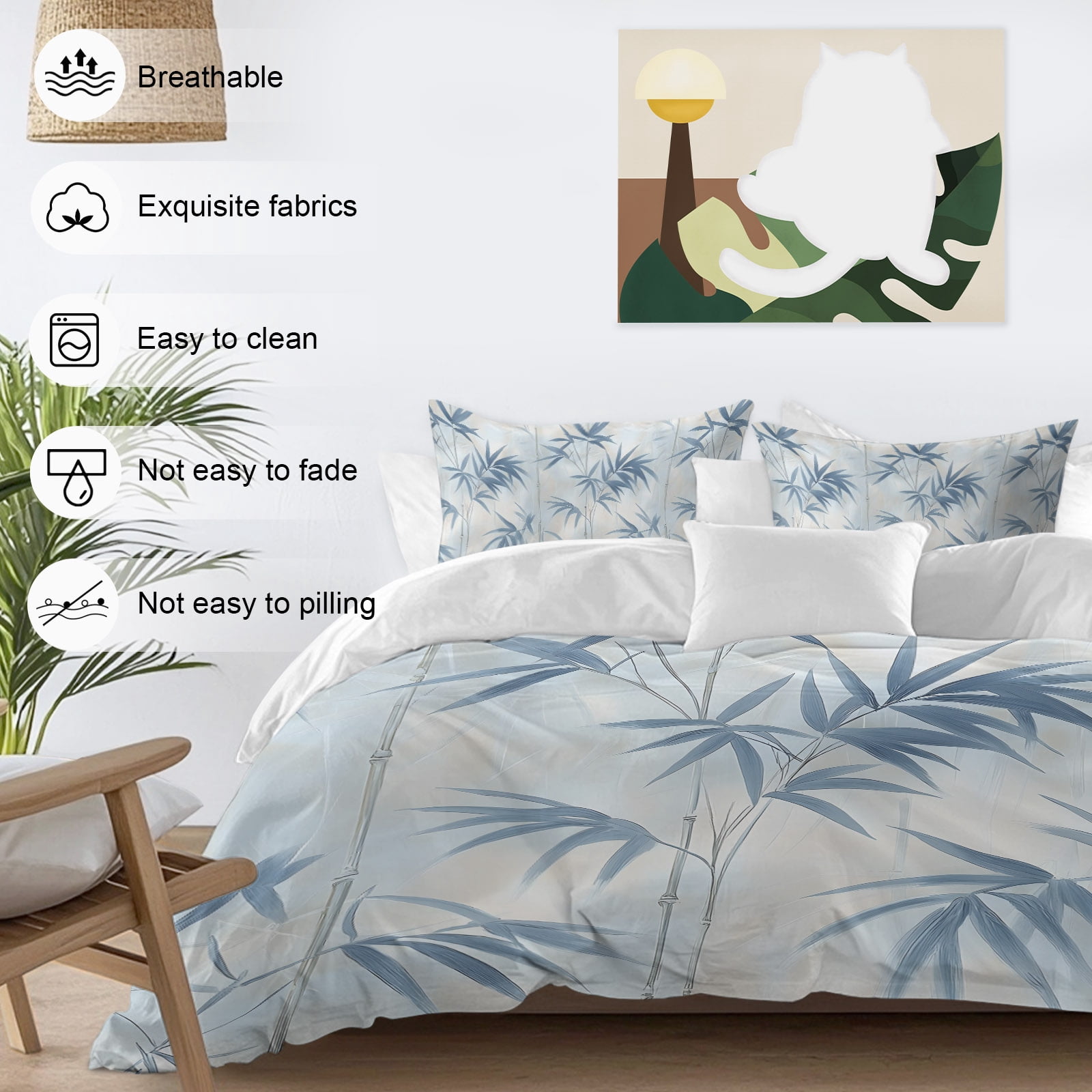 Abstract Bamboos Leaf Queen Duvet Cover Set, Blue Branch Leaves Watercolor 4 Piece Microfiber Bedding Set with Zipper Closure, Bed Sheet and 2 Pillow Shams, Soft Bedding Cover