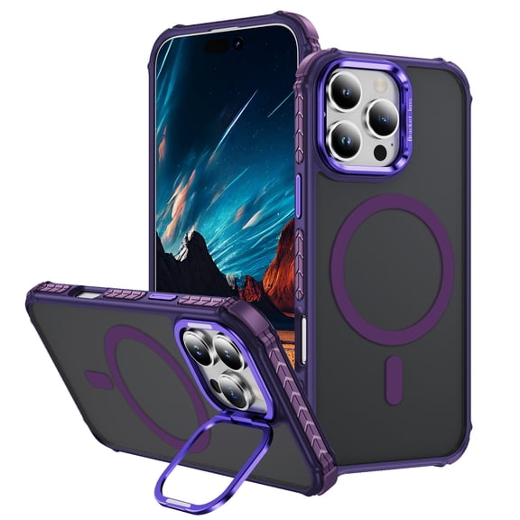 Magnetic for iPhone 16 Pro Max Stand Case [Compatible with MagSafe] [Military Grade Drop Protection] [Lens Folded Bracket] Slim Grip Matte Shockproof with Anti-Fingerprint Phone Case,Purple