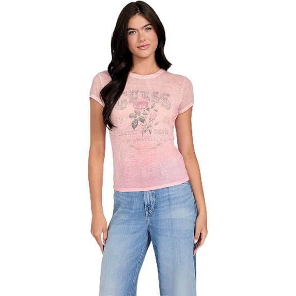 GUESS Women's Short Sleeve Roses R5 Tee, Pink Pearl Multi. SMALL