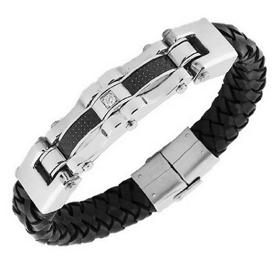 Stainless Steel Black PU Faux Leather White CZ Silver-Tone Men's Bracelet