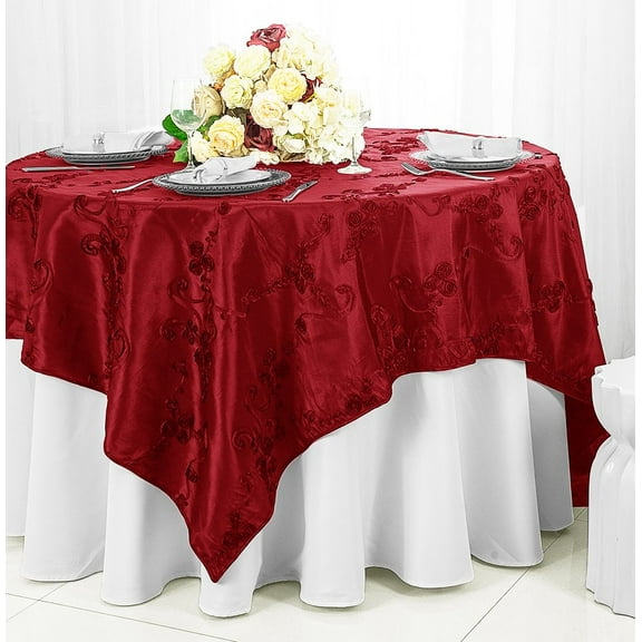 Wedding Linens Inc. 85" x 85'' Square Seamless Ribbon Taffeta Table Overlay Toppers - AppleRed