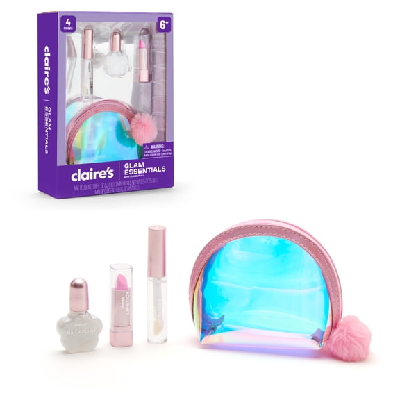 Claire's Glam Essentials Kids Makeup Kit, 4-Piece Real Cosmetic Set with Mini Pouch, Lip Gloss, Lipstick & Nail Polish, Pretend Play Make Up for Kids Ages 6