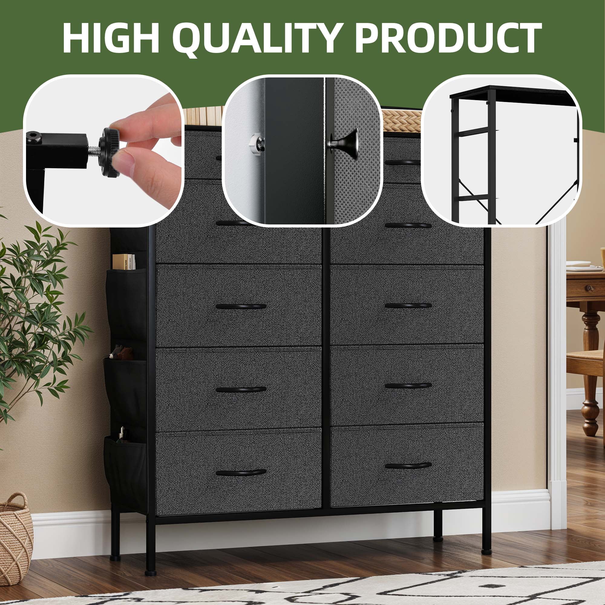 Uforic 10 Drawer Fabric Storag Dresser with Side Pockets, Sturdy Steel Frame, Wooden Top, for , Closets for Adult, Black Ash
