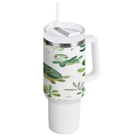 

40 Oz Car Handle Water Bottle 10.8x3.85 Inch Handle And Straw Travel Water Bottle Reusable Stainless Steel Water Bottle Green Cartoon Turtle