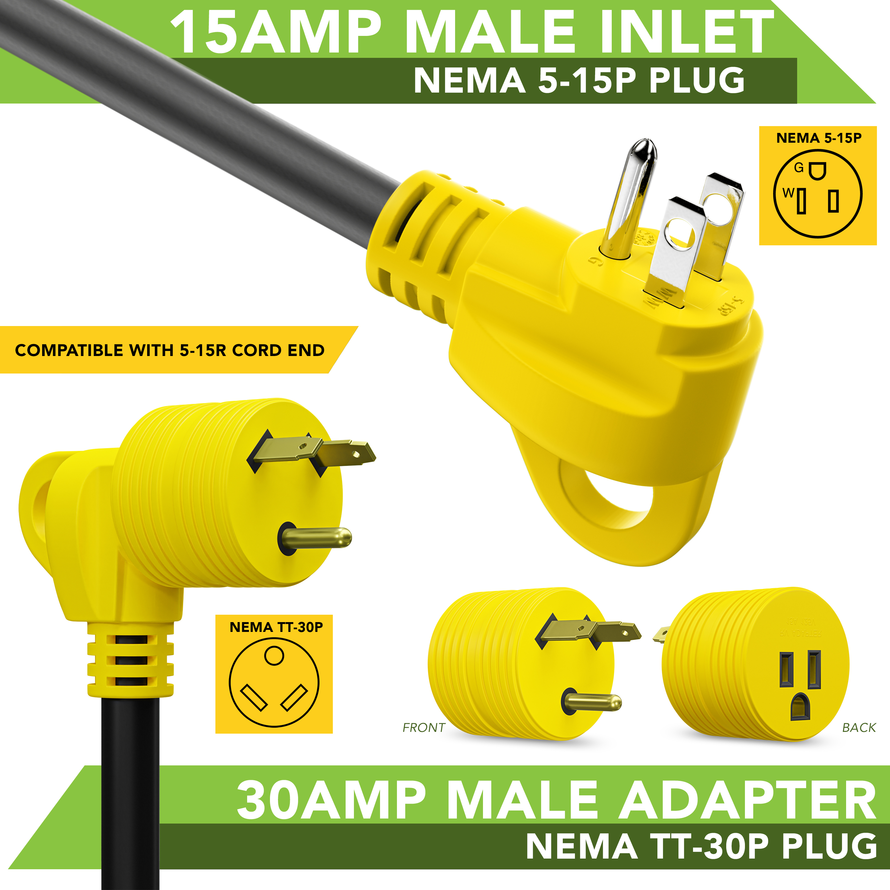 Leisure Cords Power Adapter 3 Prong 30 amp Male to 15 amp Female RV Camper Generator Plug Outdoor Electrical Power Converter (30 Male - 15 Female)