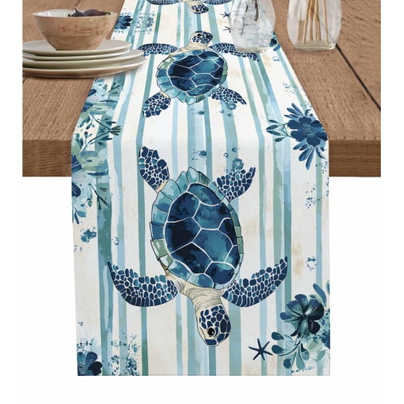 Teal Blue Turtle Coastal Table Runner 90 Inches, Vintage Stripe Beach Botanical Bed Runner Dresser Scarves Tabletop for Indoor Outdoor Parties/Ceremony/Banquet, 13" x 90"