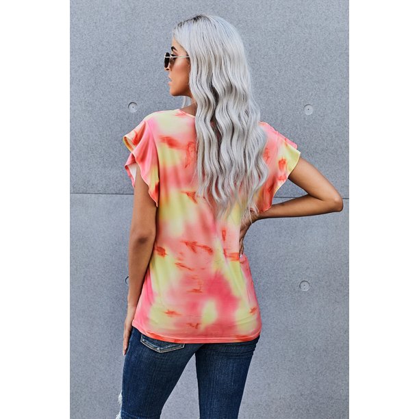 ABPHQTO Camiseta de Mujer Manga Volante Estampado Tie-dye Naranja