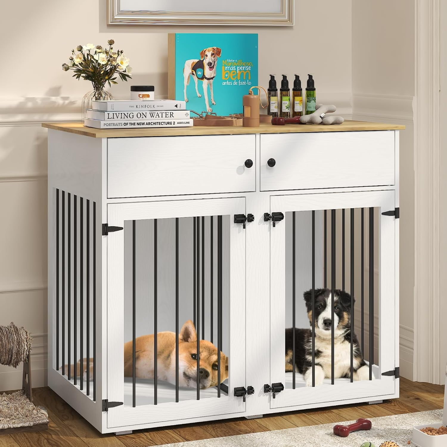 TIMHAKA Dog Crate Furniture w/ 2 Drawers, 41’’ Wooden Indoor Dog Cage w/ Divider, Double Doors, White