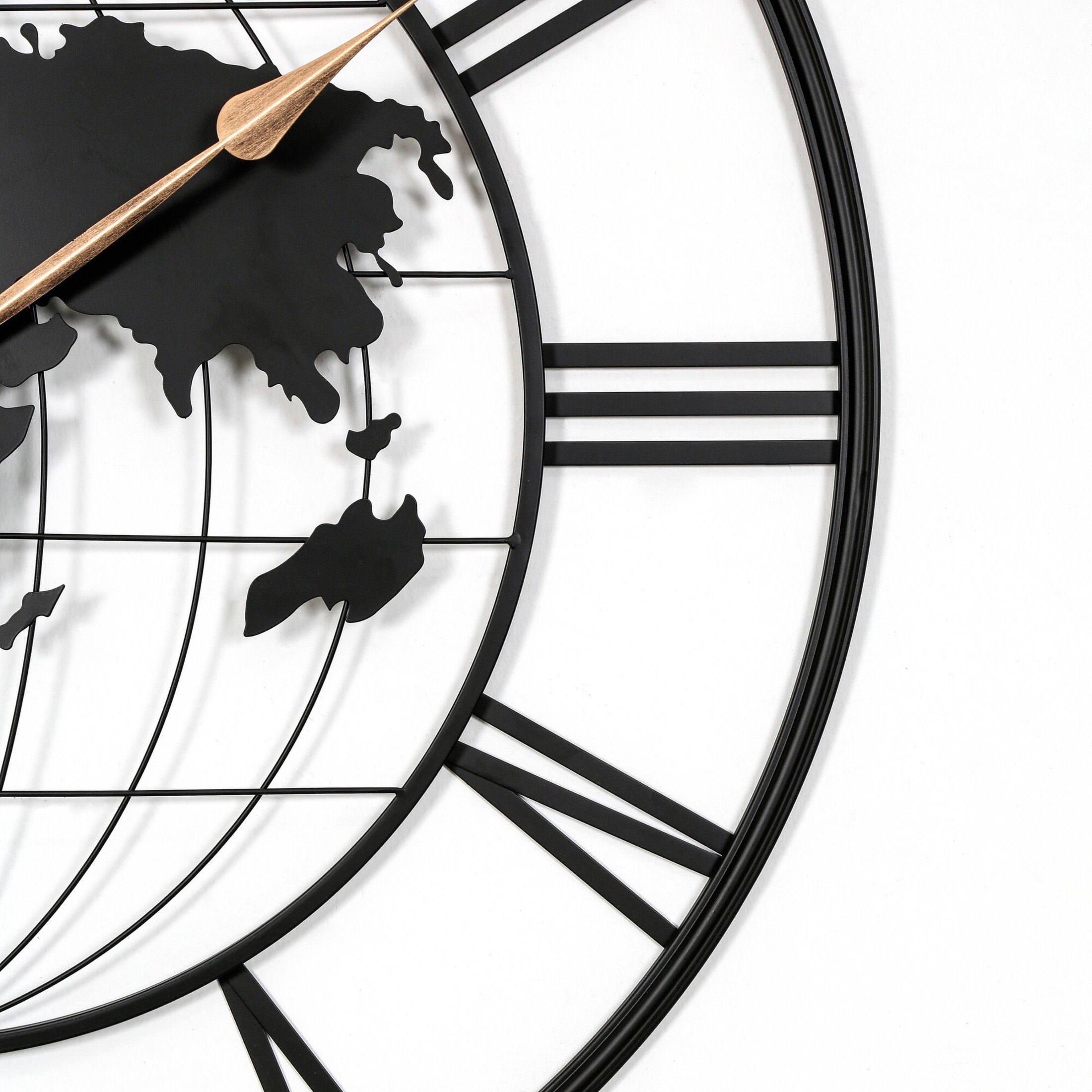 Noble House Large Black Metal World Map Wall Clock, Silent Modern Design with Gold Pointers, Decorative Clock for Home, Black Roman Numerals,Black + Gold