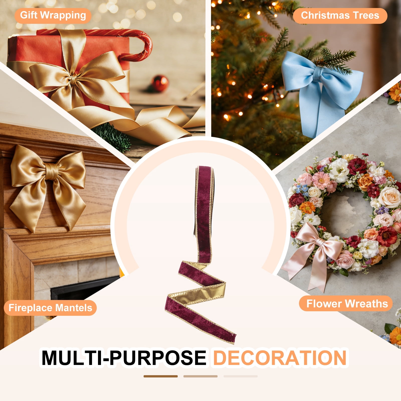 Uxcell Velvet Wired Ribbon, (1 Inch x 10 Yards, 2 Pcs)(Dark Red) Velvety Gold Crushed Ribbons Gift Wrapping Binding, Suit For- Crafts/Bow/Wreaths/Christmas Tree Decoration