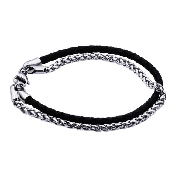 Arista Men's Franco Chain and Black Leather Bracelet in Stainless Steel, 8"