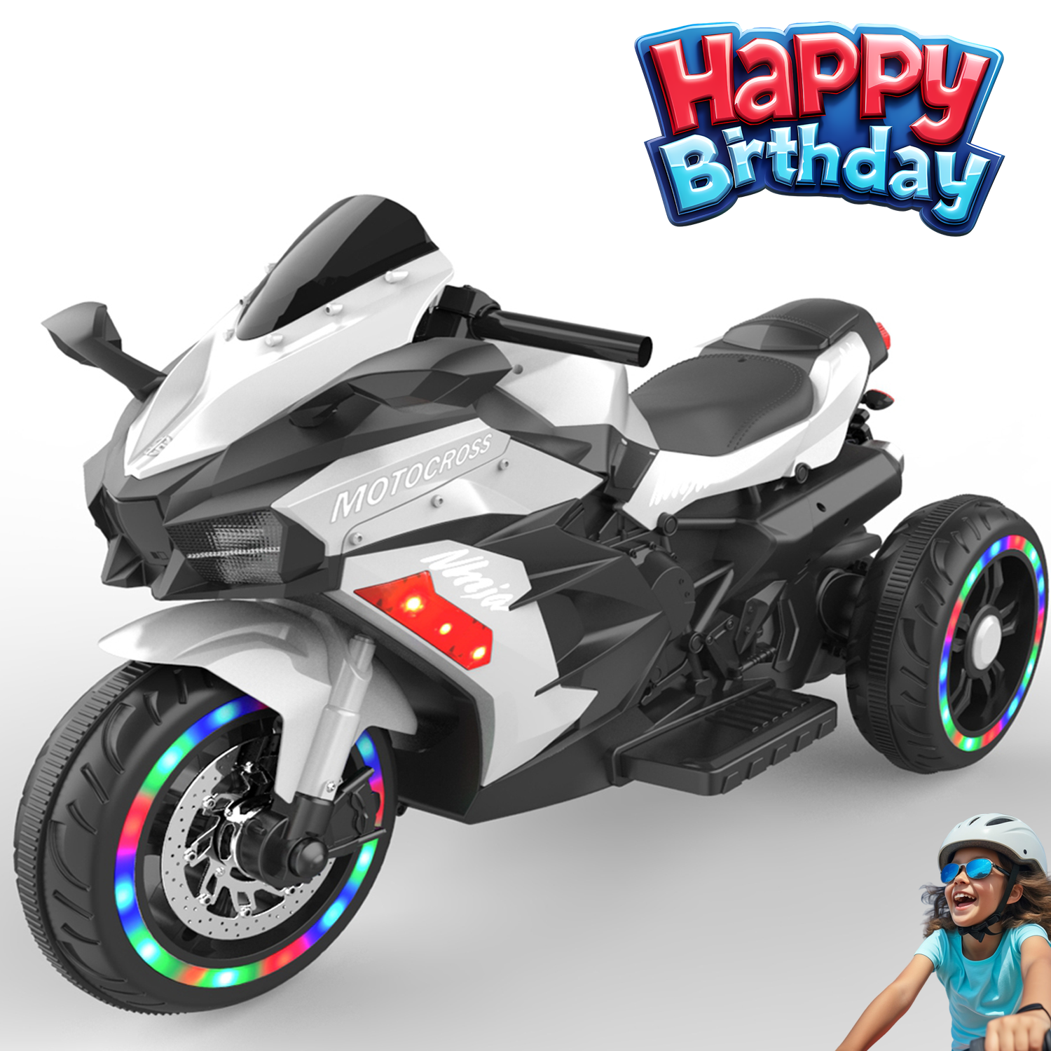 HNH 12V Ride on Motorcycle for Kids, Electric Dirt Bike with LED Light, Bluetooth Music, Motorbike Ride on Toy for 3-6 Year Olds