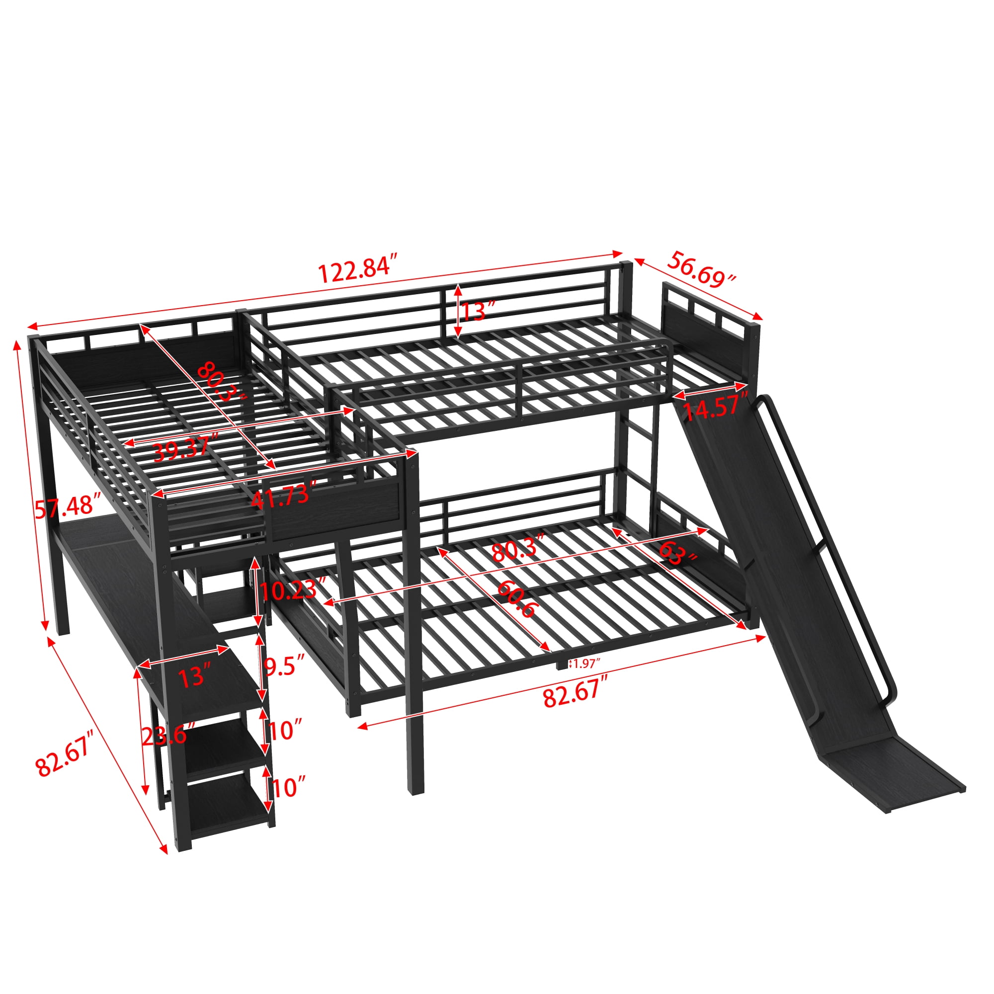 Leumius Full Over Queen Metal Triple Bunk Bed,L-Shaped Triple Bed Frame with Desk, Storage Shelves and USB Charging Port,Black