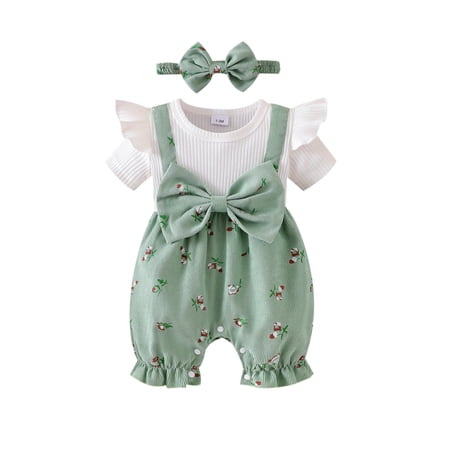 Ticikt Baby Girl Clothes Summer Romper Dress Sleeveless Bodysuit Jumpsuit with Headband Toddler Outfits Color:Green Size:1-3 Months