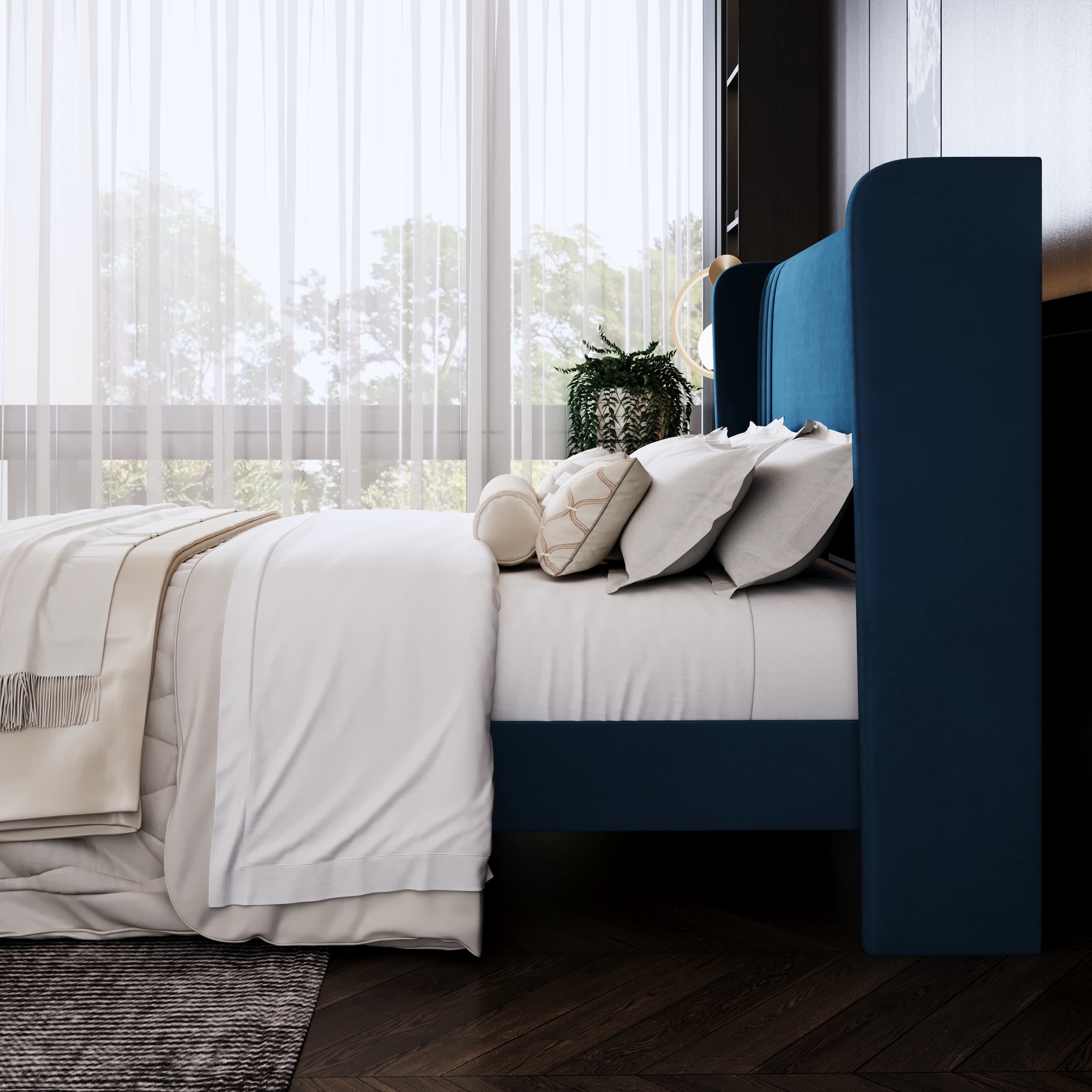 Amolife Full Size Bed Frame, Velvet Platform Bed with Upholstered Wingback Headboard, No Box Spring Needed, Blue