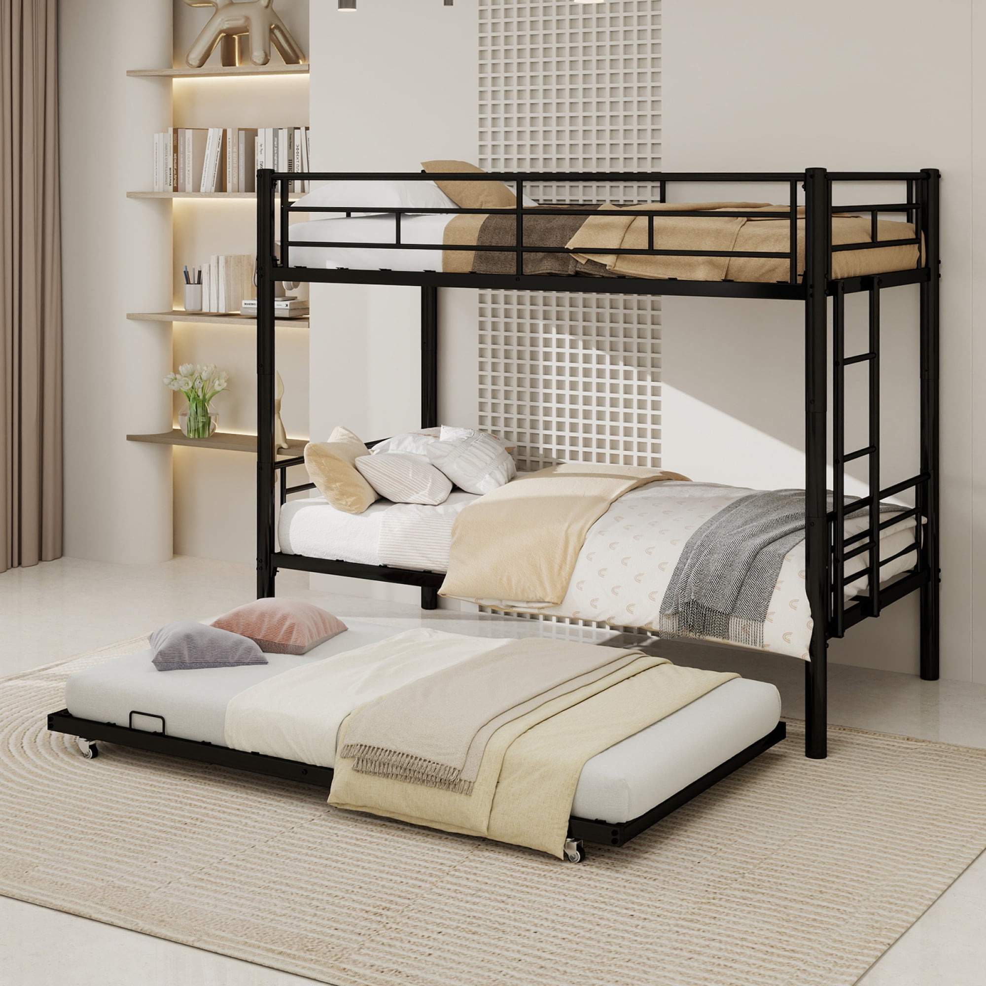 Leumius Twin over Twin Bunk Bed with Trundle,Heavy Duty Metal Bed Frame with Full-Length Guardrail and Ladders for Kids/Teens/Adults,Space-Saving,Black