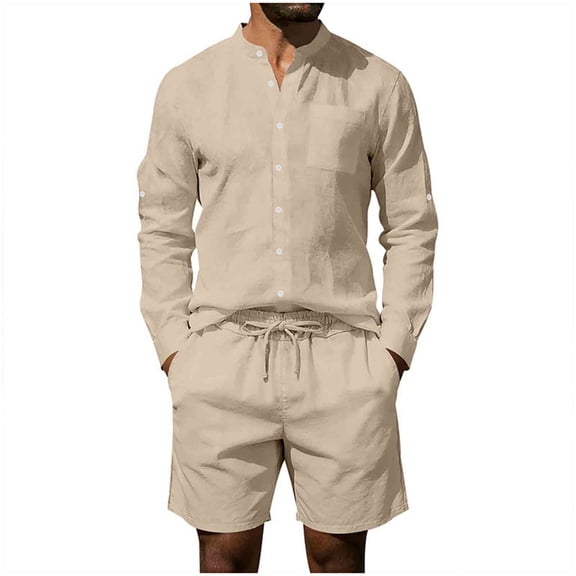 Makaor Linen Sets for Men 2 Piece Big and Tall Solid Color Travel Vacation Outfits with Pockets Loose Oversized Lounge Sets Long Sleeve Button down Shirts Shorts Casual Matching Summer Clothes