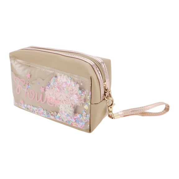 Unique Bargains 1 Pc Women Portable Sequined Makeup Bag for Travel Gym Vacation Wedding PU Khaki