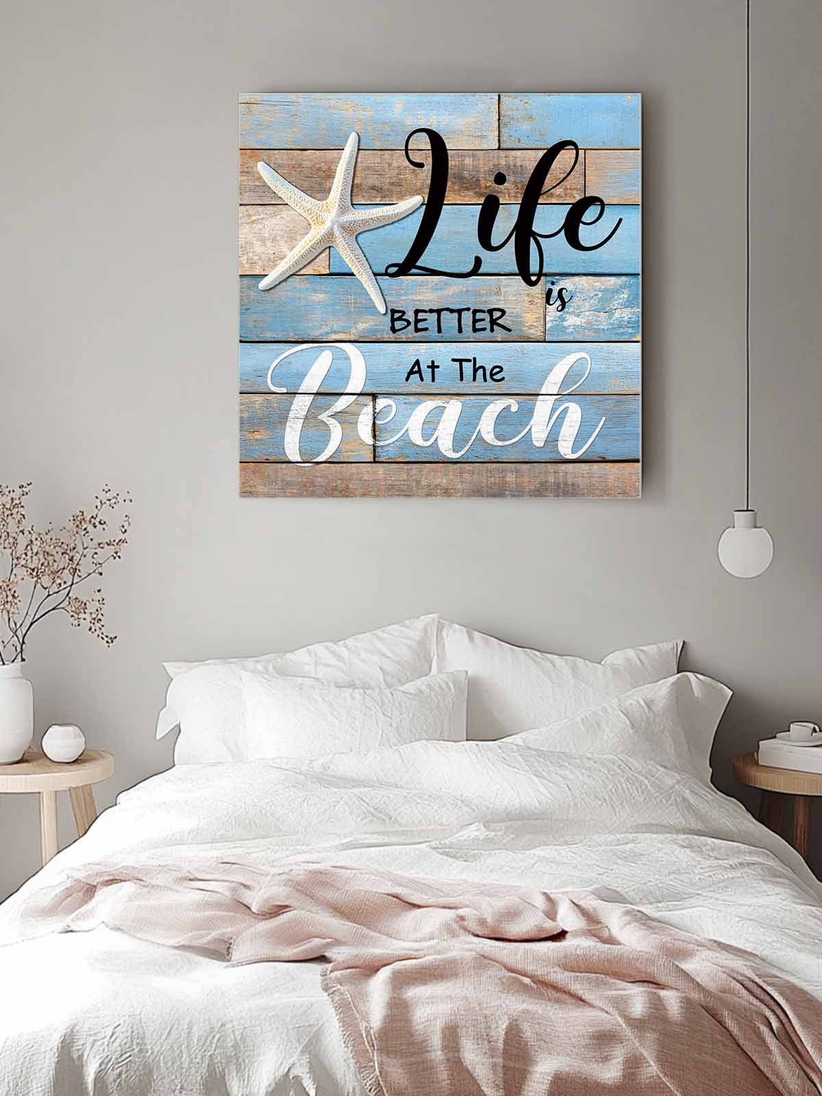 Canvas Print Wall Art Life Is Better at The Beach Summer Starfish Blue Wood Grain Framed Canvas Art Wall Decor Pictures Painting Morden Artwork for Living Room Bedroom, Ready to Hang, 12"x12"