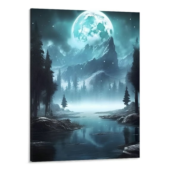 PRATYUS Fall Decor Full Moon Lake Forest Canvas Print Canvas Wall Art Picture 16x20in