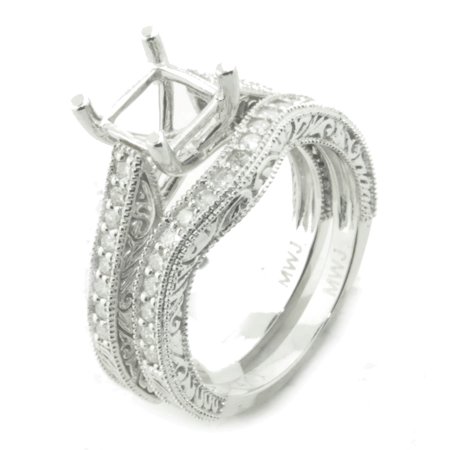 Antique Ring Mountings 14K White Gold Semi Mount Bridal Set Rings Setting 1/2ctw Antique Style Fits 6mm Princess Center (i2/i3, i/j) ()