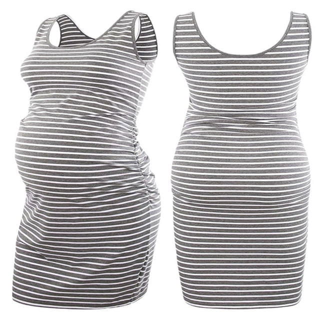 EIMELI Robe pour Femme Enceinte à Rayures Sans Manches à Col Rond Ajustée Midi Robe Débardeur Robe d'Été Décontractée Robe de Maternité