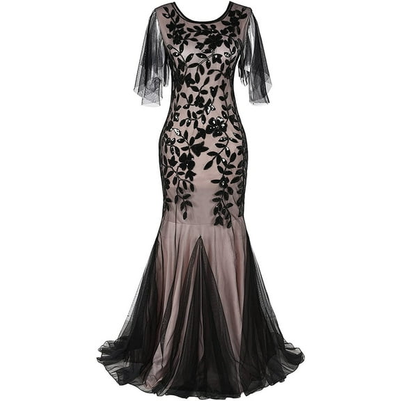 O-neck Short-Sleeve Tulle Embroider Evening Dress Elegant Mermaid Vintage 1920s Party Dress Great Gatsby Sequin Dress Long