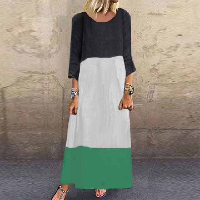 Puntoco Vestido De Manga Tres Cuartos Con Empalme De Color En Contraste Informal De Algodón Y Lino De Color Sólido Con Cuello Redondo De Primavera Y Verano Para Mujer Negro Xxxl
