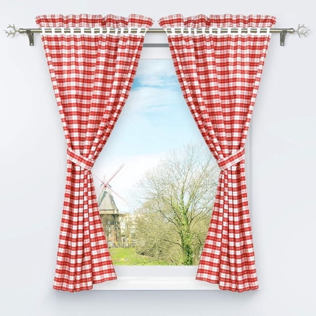 Set of 2 Pieces of Opaque Perforated Curtains with 2 Tiebacks Plaid Pattern Window Decoration for Bedroom Indoor Red H/W 120/80cm