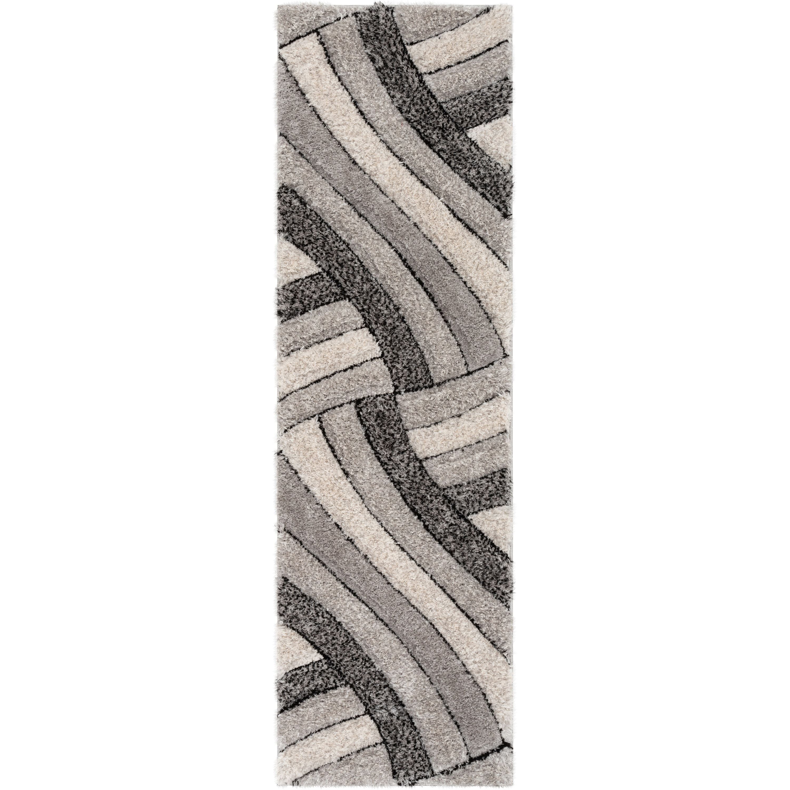 Well Woven Tilly Grey Geometric Stripes Thick Soft Plush 3D Textured Shag Area Rug