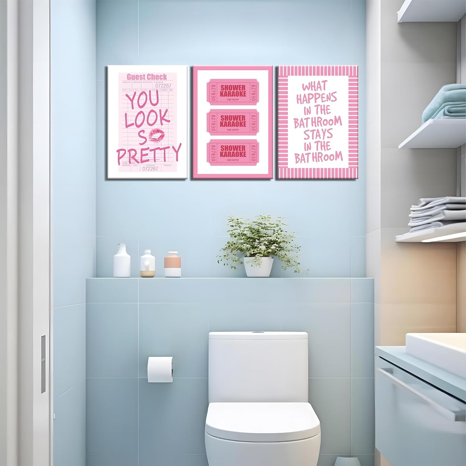 3Pcs Framed Preppy Pink Bathroom Wall Art Set, Funny Guest Check & Shower Karaoke Stamp Canvas Posters, Trendy Indie Pop Room Decor for Women Powder Room Restroom 12x16in