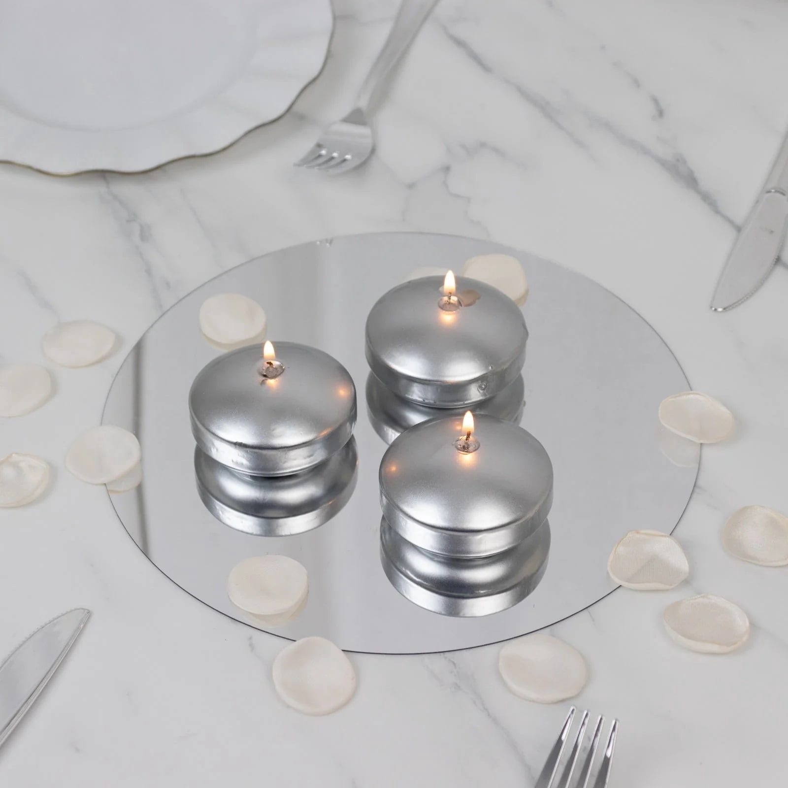 Balsa Circle 12 Silver 3 in Round Unscented Floating Candles Dripless Wax Discs Party Wedding Table Centerpieces Event Decorations Supplies