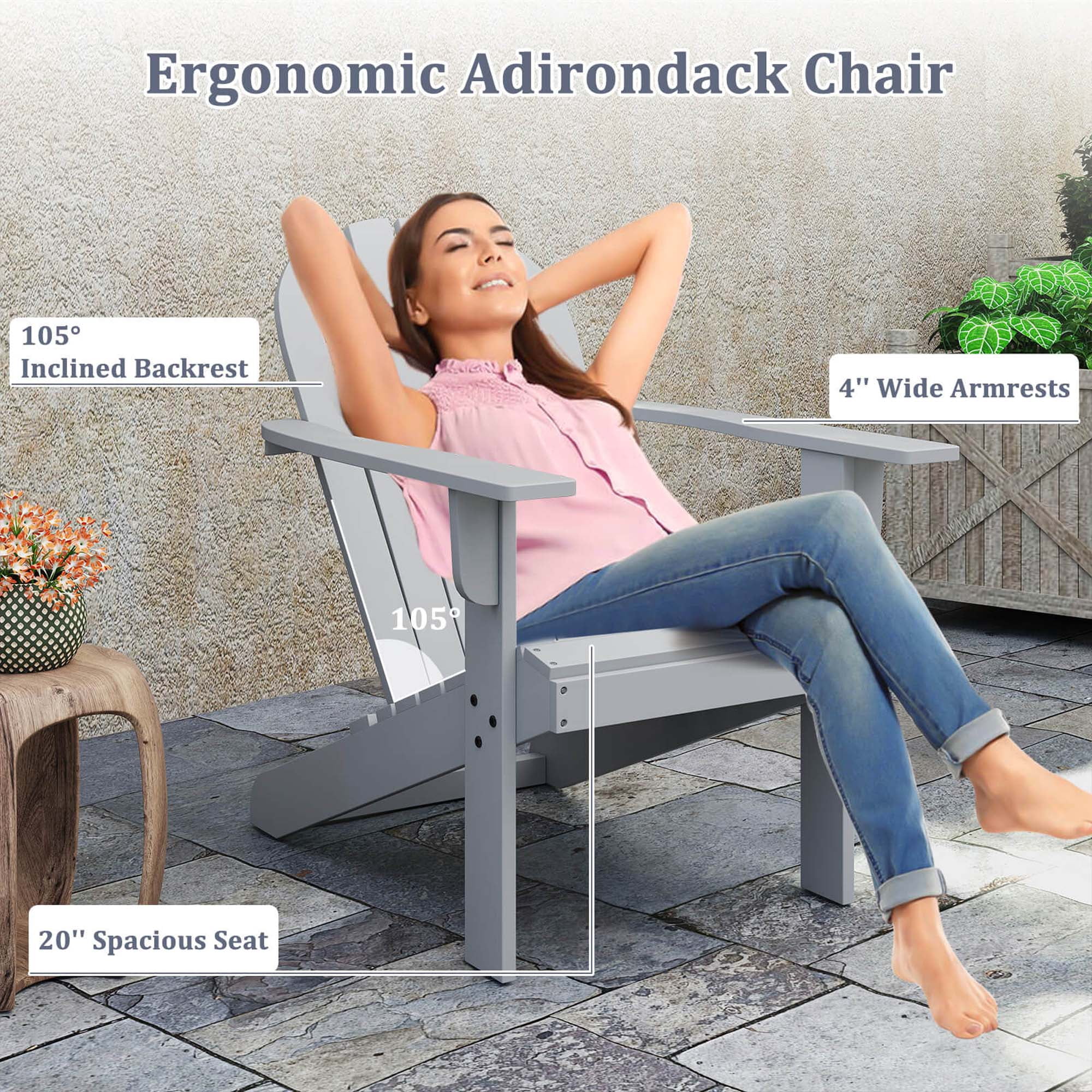 Costway Patio Adirondack Chair with Inclined Seat High Backrest & Wide Armrests Gray