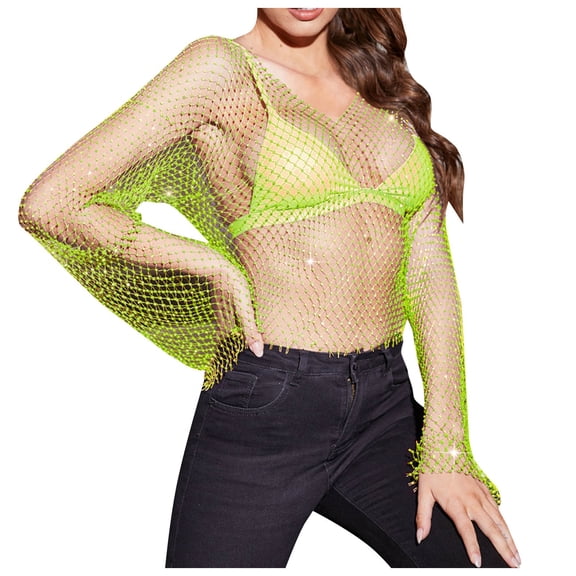 JIAYUE Women's Swimwear Cover-Ups V Neck Mesh Rhinestone Long Sleeve Hollow Lightweight Cozy Solid Color Crop Sparkly Swimsuit Cover Up Top