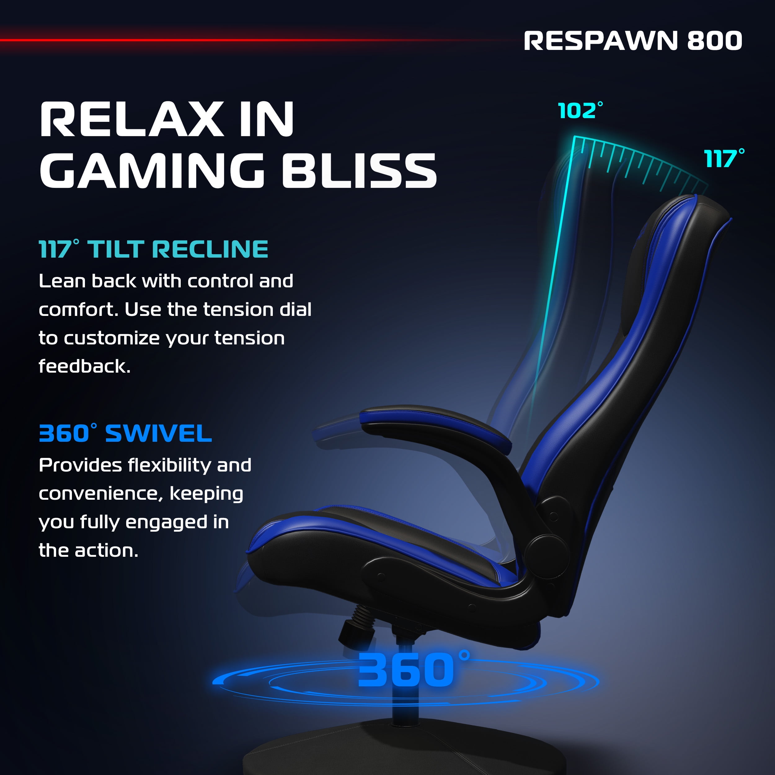 RESPAWN 800 Swivel Rocker Gaming Chair - Ergonomic Floor Gaming Seat with Lumbar Support, Flip Up Armrest, High Back, Pedestal Base, Comfortable No Wheels Console Video Game Rocker Chair - Blue