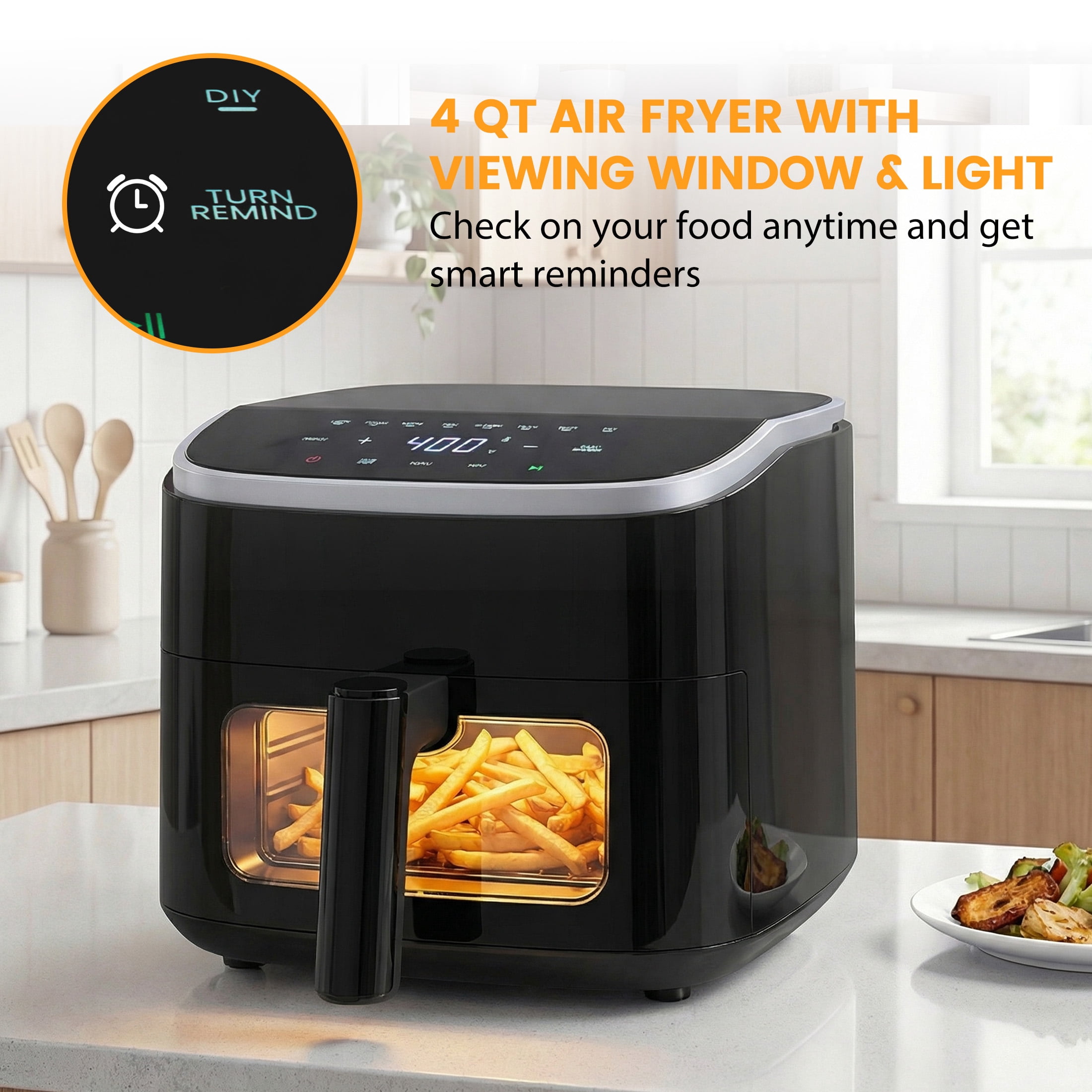EDX 4QT Air Fryer, 1500W Digital Touchscreen with 8 Presets, Visible Window, Flip Reminder, Nonstick Dishwasher-Safe Basket, Black