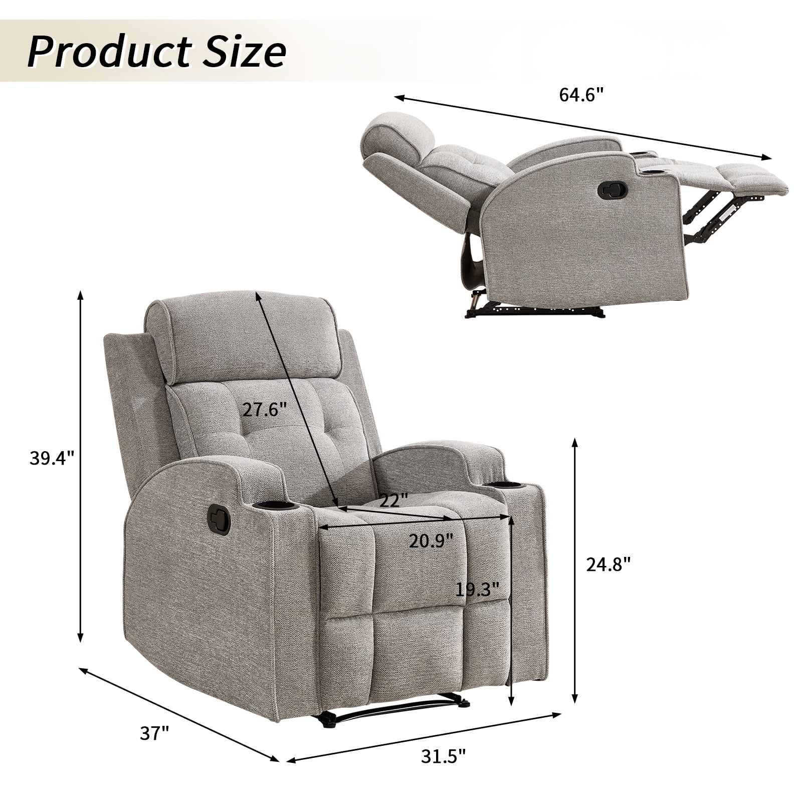 Bonzy Home Fabric Manual Recliner Chair — Modern Single-Seat Recliner with Padded Armrests & Backrest for Living Room & Bedroom