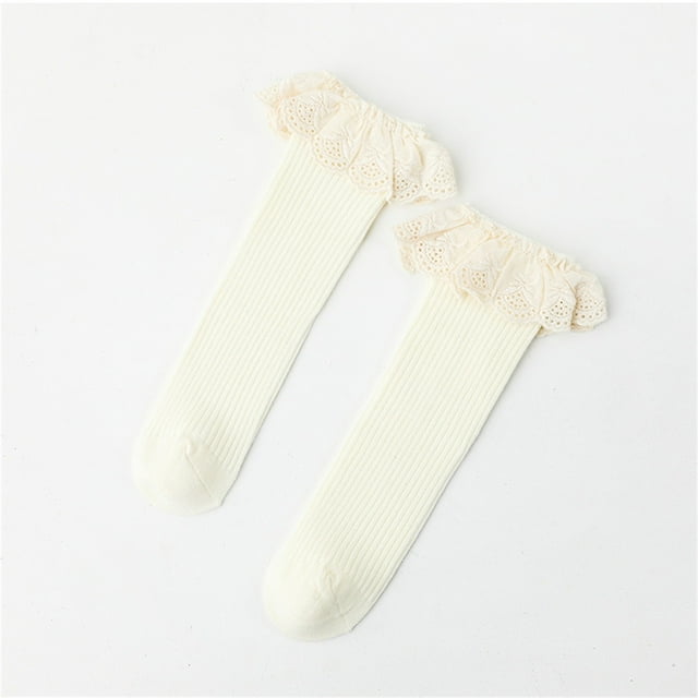 Ohufall Children's Solid Color Socks With Large Lace And A Middle Tube Baby Girls' Socks