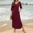 thumbnail image 5 of Party Dresses for Women,Womens Dresses 3/4 Sleeve V Neck Loose Flowy Split Long Maxi Dress with Pockets Wine S, 5 of 9