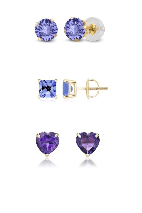 18k Yellow Gold Created Tanzanite 3 Pair Round, Square And Heart Stud Earrings Plated 4mm