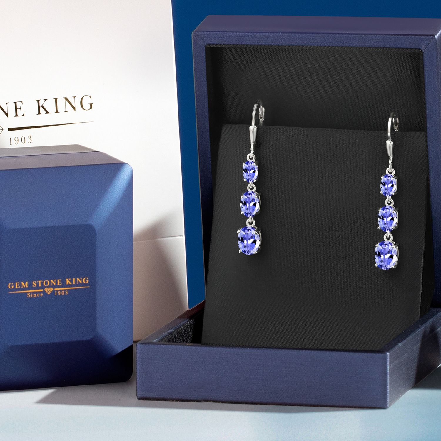 Gem Stone King 925 Sterling Silver Blue Tanzanite 3 Stone Dangle Earrings for Women (4.72 Cttw, Gemstone December Birthstone, Oval 8X6MM, 7X5MM and 6X4MM)